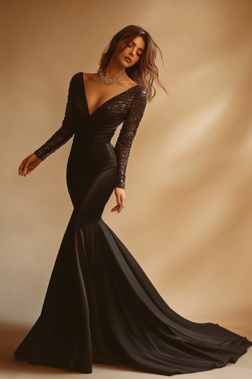 A woman in a black satin dress with a mermaid silhouette, long sleeves, and subtle embroidery, accessorized with a diamond necklace