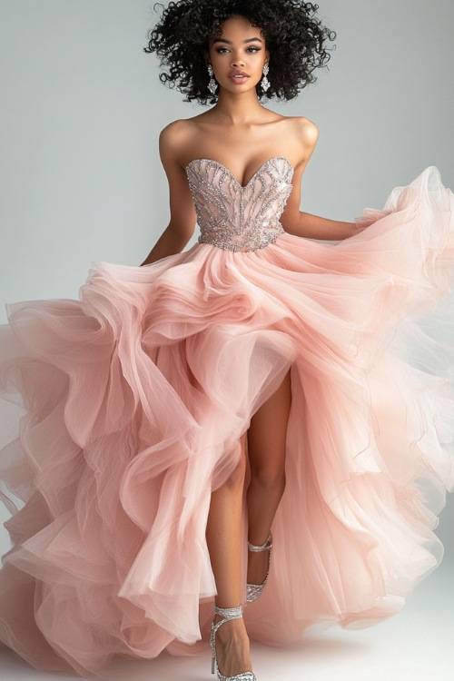 A woman in a blush pink tulle evening gown with a fitted corset bodice and layers of soft, flowing fabric. The gown features subtle beadwork and a dramatic train