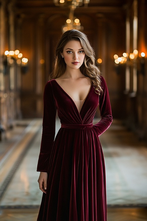 A woman in a burgundy velvet maxi dress with long sleeves, cinched at the waist with a thin belt, standing gracefully in an elegant wedding hall with dark wood accents and soft candle lighting