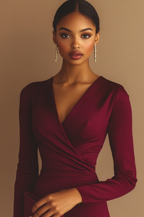 A woman in a burgundy wrap dress with long sleeves and a V-neckline, accessorized with gold earrings and a clutch