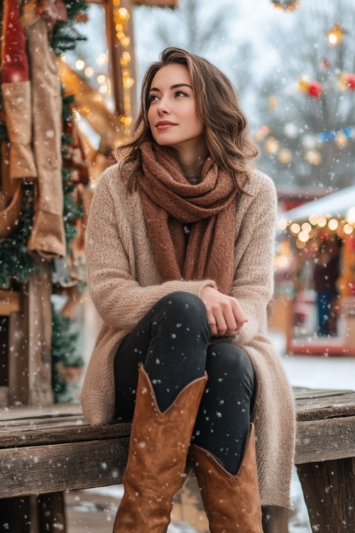 A woman in a cozy tan cardigan, brown scarf, and tall brown cowboy boots, sitting on a wooden bench at a small-town winter fair