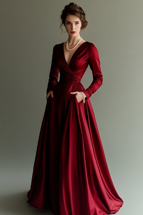 A woman in a crimson red satin dress with a cinched waist, modest V-neckline, and long fitted sleeves, styled with pearl accessories