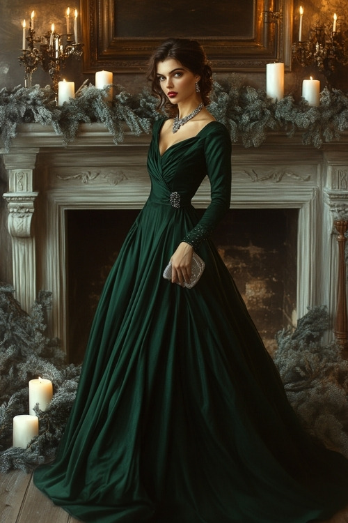 A woman in a deep emerald green evening dress with long sleeves, a gathered waistline, and a flowing A-line skirt. She pairs it with a matching emerald necklace