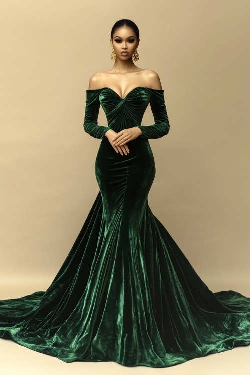 A woman in a deep green velvet gown with a sweetheart neckline, fitted long sleeves, and a dramatic train, styled with gold earrings