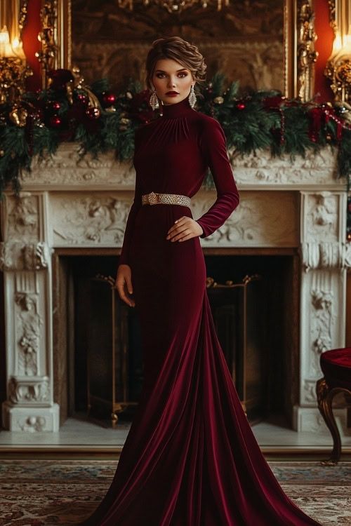 A woman in a deep wine-colored dress with a high neckline, long sleeves, and a cinched waist accented with a gold belt (2)