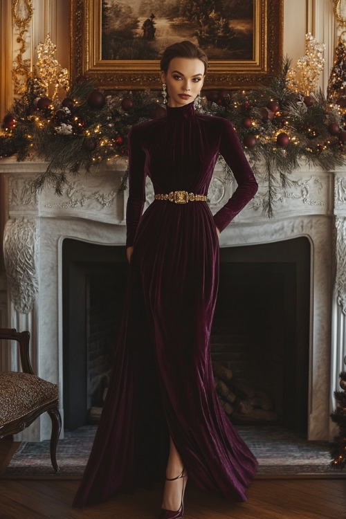 A woman in a deep wine-colored dress with a high neckline, long sleeves, and a cinched waist accented with a gold belt