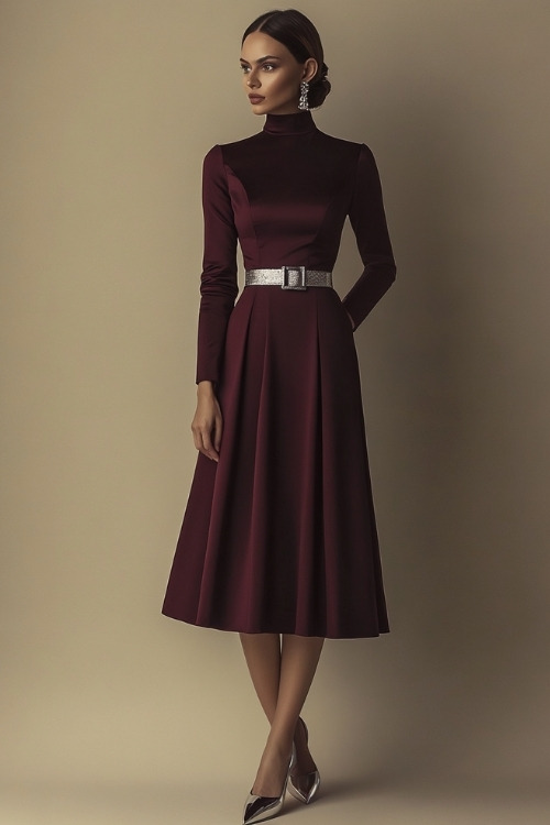 A woman in a fitted burgundy midi dress with long sleeves and a high neckline, accessorized with a silver belt and matching heels