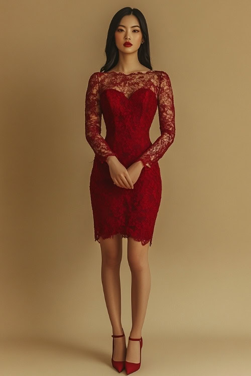 A woman in a fitted crimson red dress with long lace sleeves, a sweetheart neckline, and a midi hemline, paired with stilettos (3)