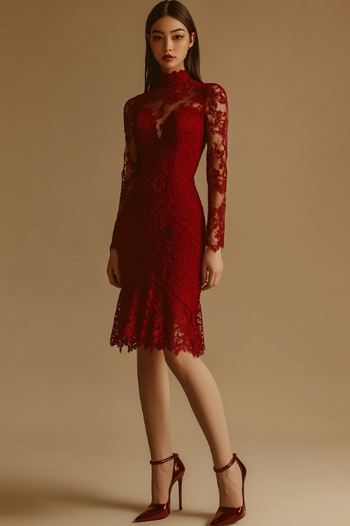 A woman in a fitted crimson red dress with long lace sleeves, a sweetheart neckline, and a midi hemline, paired with stilettos