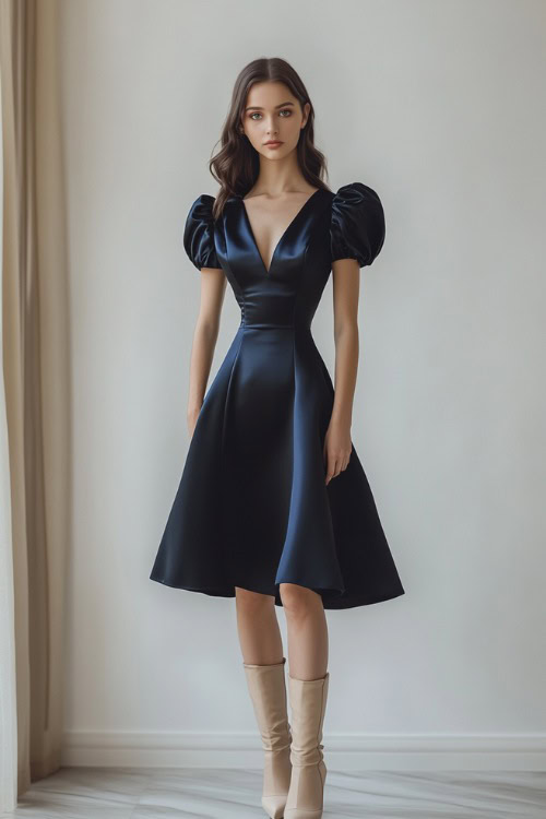 A woman in a fitted navy satin dress with a structured bodice and puff sleeves, paired with beige heeled boots, standing elegantly in a minimalist studio space with soft beige tones