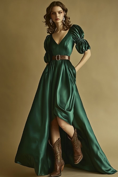 A woman in a floor-length forest green satin gown with a fitted bodice, square neckline, and puffed long sleeves. She wears cowboy boots and a leather belt to add a country touch