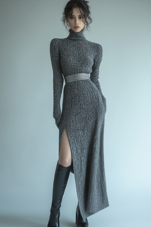 A woman in a gray knitted midi dress with a fitted silhouette, long sleeves, and a side slit. She pairs the dress with black heeled boots and a silver belt