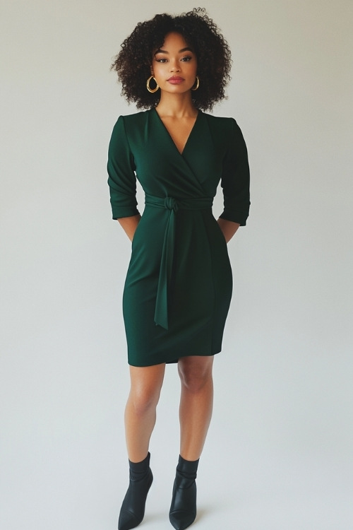 A woman in a knee-length dark green wrap dress with three-quarter sleeves, a belted waist, and a modest V neckline. She pairs the outfit with black heeled ankle boots and gold hoop earrings (3)