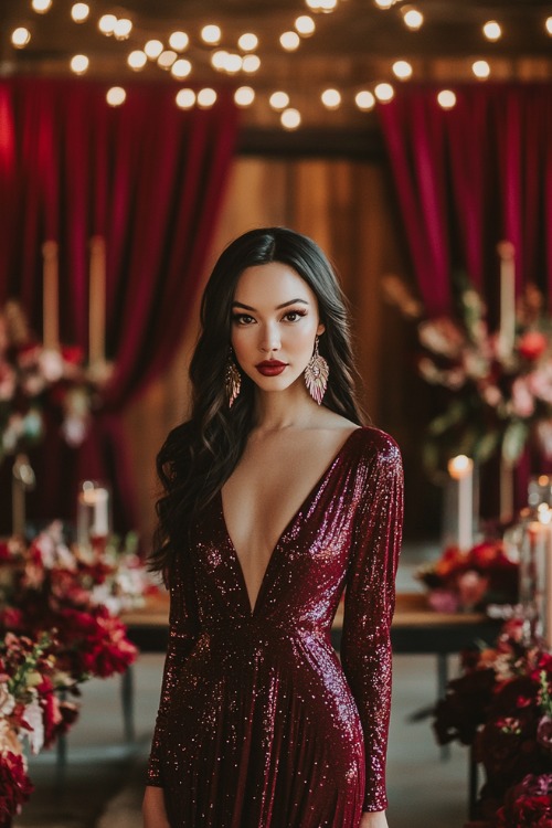 A woman in a long-sleeved burgundy gown with a subtle shimmer, paired with statement earrings,