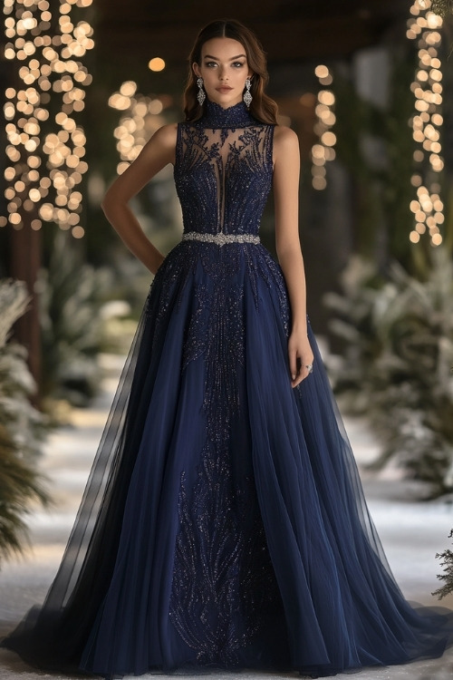 A woman in a midnight blue gown with intricate beadwork across the bodice, a sheer overlay skirt, and a high neckline (2)