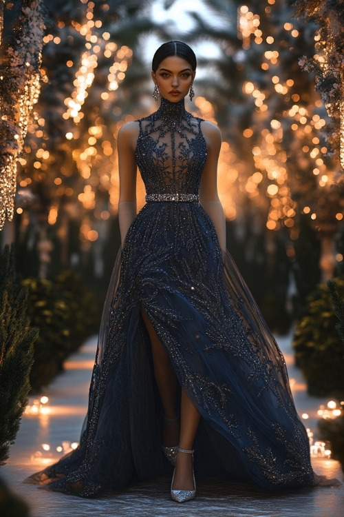 A woman in a midnight blue gown with intricate beadwork across the bodice, a sheer overlay skirt, and a high neckline