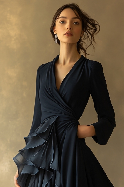 A woman in a midnight blue wrap dress with long sleeves, a layered hem, and silver accessories