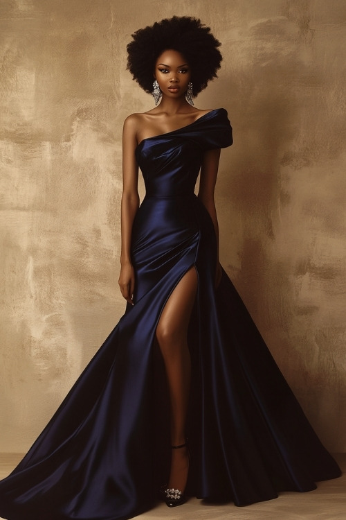 A woman in a navy-blue satin dress with a one-shoulder design, a high slit, and silver accessories