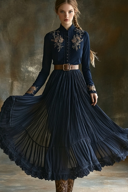 A woman in a navy long-sleeve dress with a high neckline, intricate embroidery at the chest, and a flared skirt. She wears cowboy boots and a leather belt for a rustic look