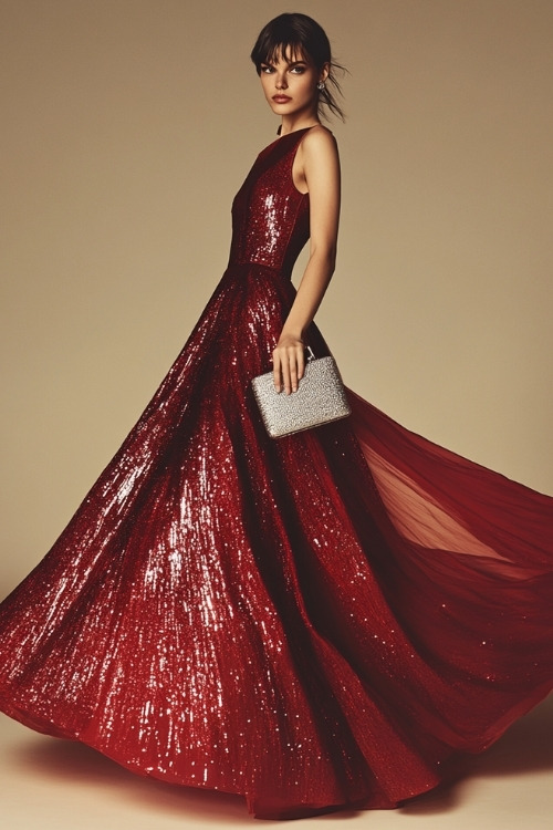 A woman in a shimmering ruby red gown with a modest neckline and flowing skirt, styled with a silver clutch