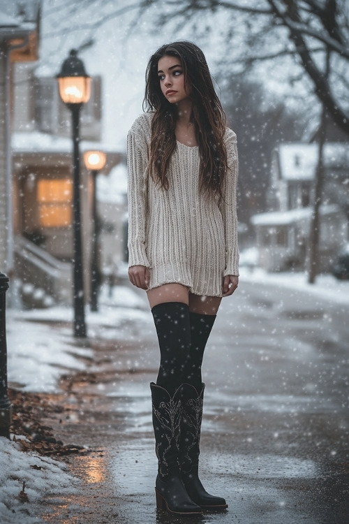 A woman in an oversized cream sweater dress, dark tights, and sleek black tall cowboy boots with subtle decorative stitching stands on a small-town street with minimal snowfall (2)