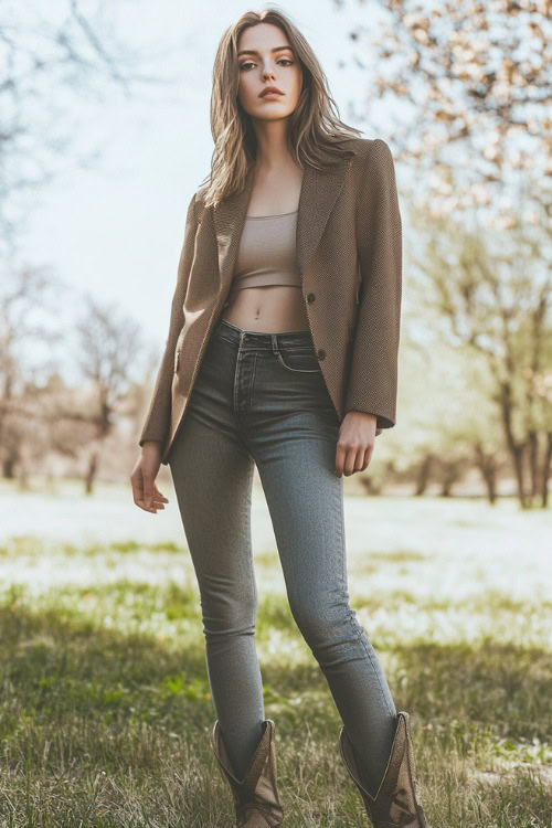 A woman rocking a fitted blazer over a simple cami, tucked into high-rise skinny jeans, paired with snakeskin cowboy boots at a spring country concert