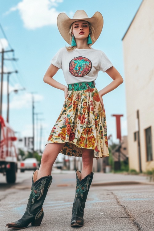 A woman rocking a high-waisted midi skirt with a knotted graphic tee, paired with embroidered cowboy boots and statement turquoise earrings at a spring concert (2)