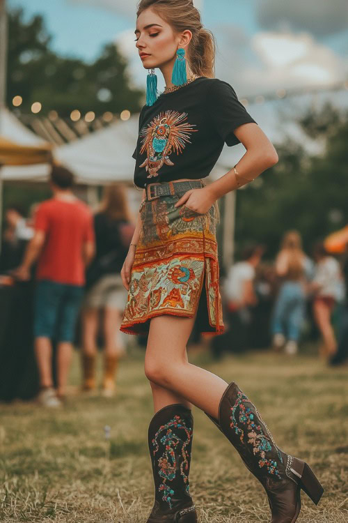 A woman rocking a high-waisted midi skirt with a knotted graphic tee, paired with embroidered cowboy boots and statement turquoise earrings at a spring concert