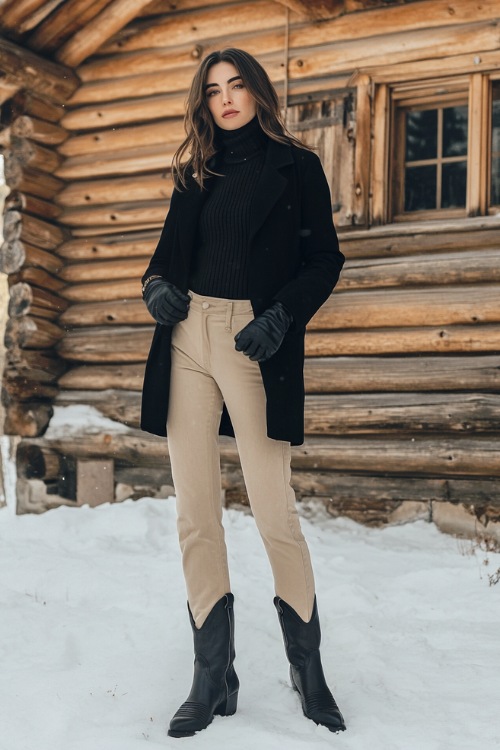 A woman styled in black short cowboy boots with a black pea coat, a ribbed turtleneck sweater, and high-waisted beige trousers