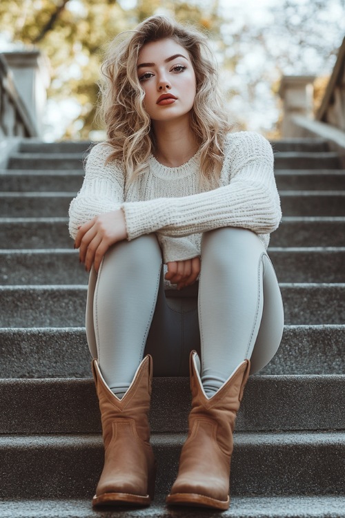 A woman styled in light grey leggings, a cropped white sweater with bell sleeves, and dark tan ankle cowboy boots (2)