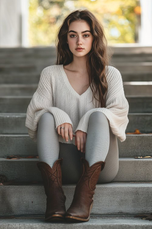 A woman styled in light grey leggings, a cropped white sweater with bell sleeves, and dark tan ankle cowboy boots (4)