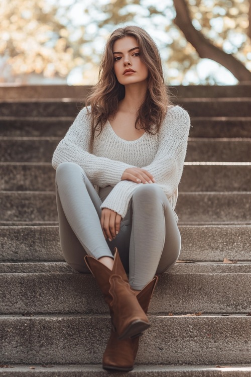 A woman styled in light grey leggings, a cropped white sweater with bell sleeves, and dark tan ankle cowboy boots