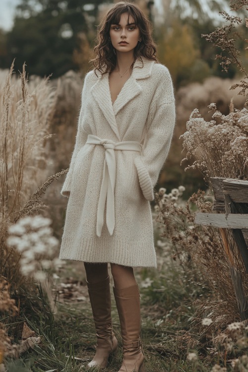 A woman wear knee-length knitted sweater dress in soft beige with a belted waist, styled with ankle boots and a wool coat