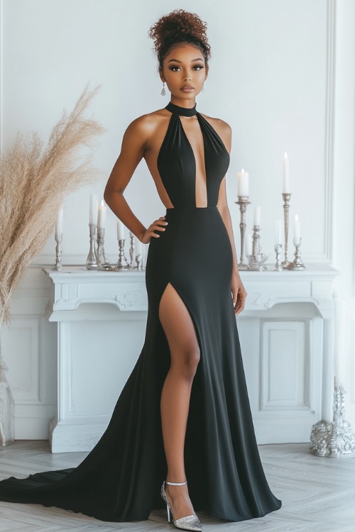 A woman wearing a black maxi dress with a slit and an elegant halter neckline, styled with silver heels and a matching bracelet