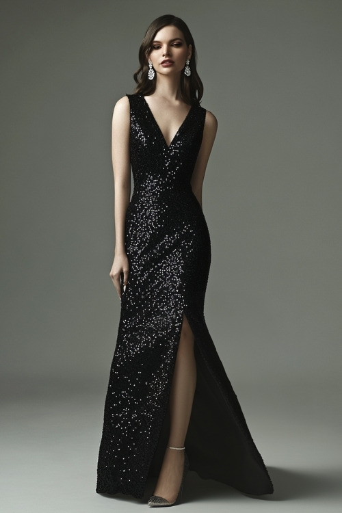 A woman wearing a black sequined evening dress with a modest V-neckline and flared skirt,