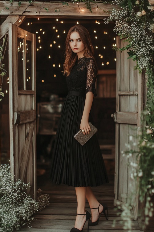 A woman wearing a black tea-length dress with lace sleeves and a soft pleated skirt, accessorized with heels and a clutch