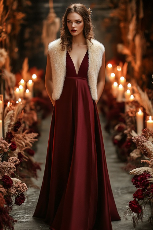 A woman wearing a burgundy satin A-line dress with a V-neckline, complemented by a cream faux fur stole over her shoulders