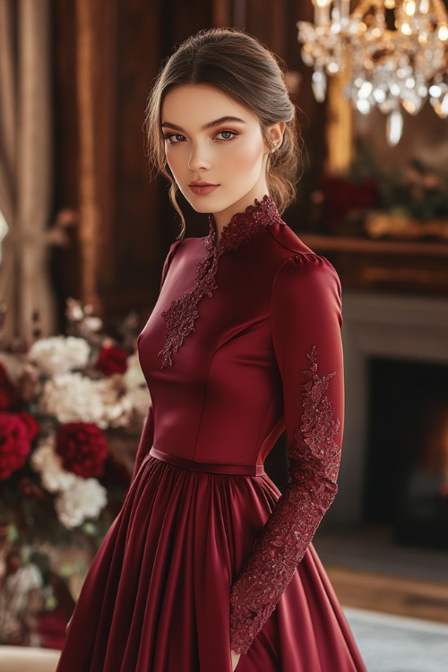 A woman wearing a burgundy satin A-line dress with a high neckline and subtle lace detailing at the sleeves (2)