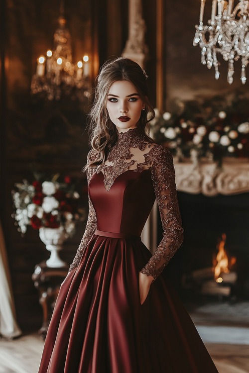 A woman wearing a burgundy satin A-line dress with a high neckline and subtle lace detailing at the sleeves