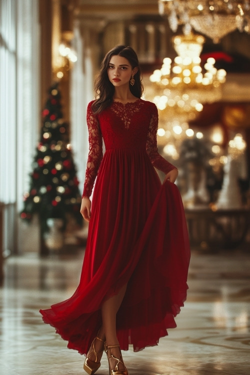 A woman wearing a classic crimson red dress with long lace sleeves, a scalloped neckline, and a flowing chiffon skirt