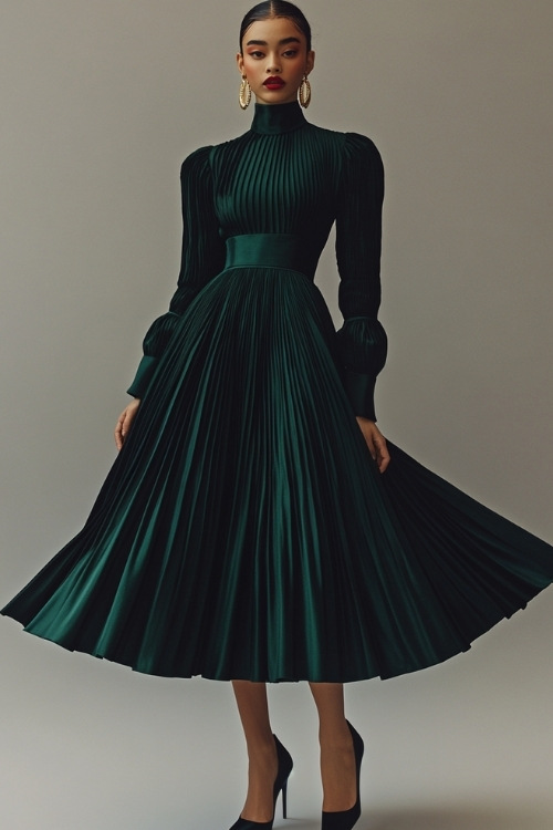 A woman wearing a dark green midi dress with a high neckline, long puff sleeves, and a pleated skirt. The dress is styled with black pointed-toe heels and gold hoop earrings