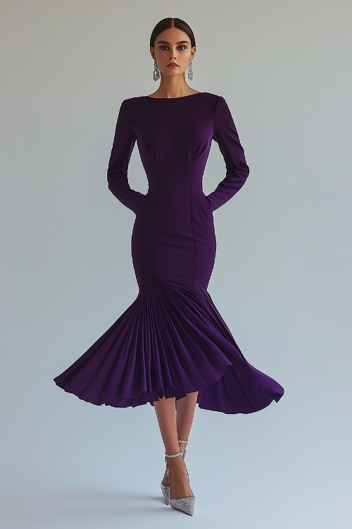 A woman wearing a dark purple dress with long sleeves, a modest neckline, and a fishtail hem, paired with silver earrings and matching heels (2)