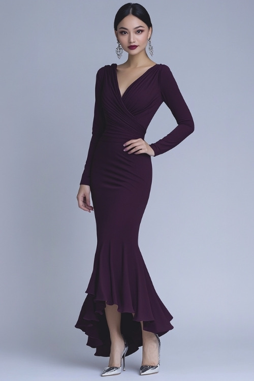 A woman wearing a dark purple dress with long sleeves, a modest neckline, and a fishtail hem, paired with silver earrings and matching heels