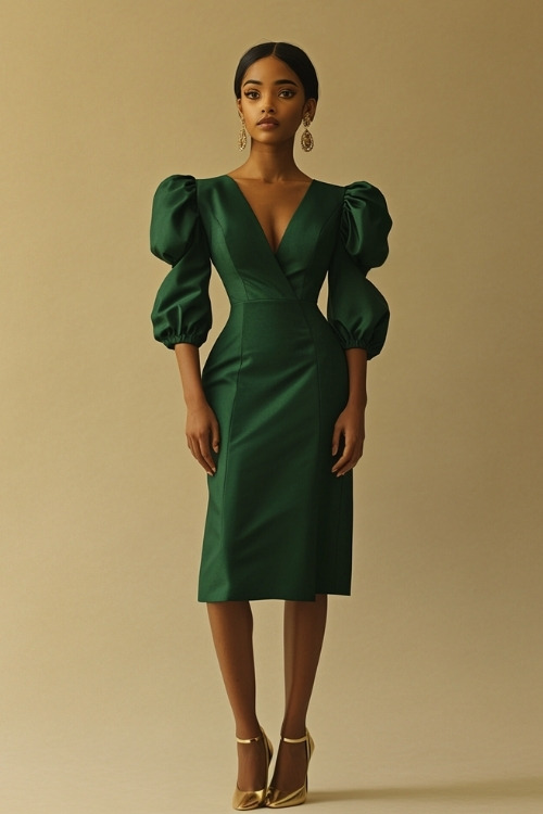 A woman wearing a fitted emerald green dress with long puff sleeves, a V-neckline, and a midi-length hem