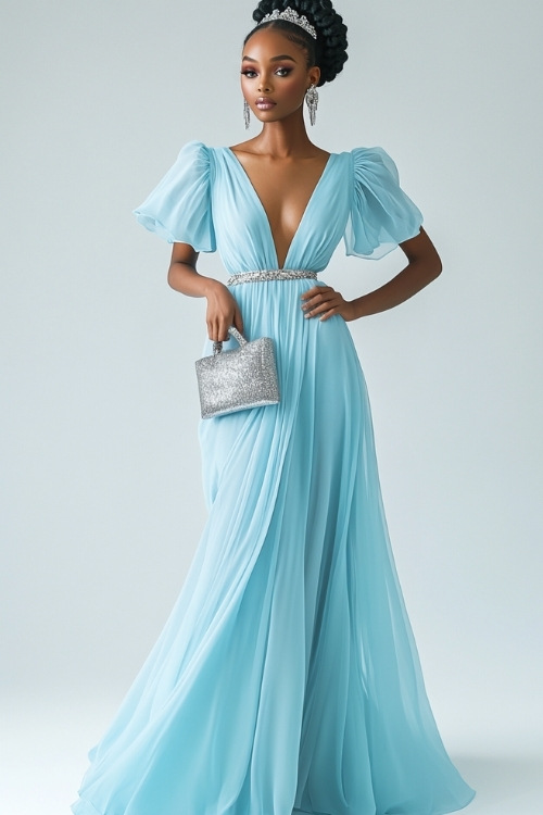 A woman wearing a floor-length icy blue chiffon gown with flutter sleeves, a cinched waist, and a V neckline. She pairs the dress with silver earrings