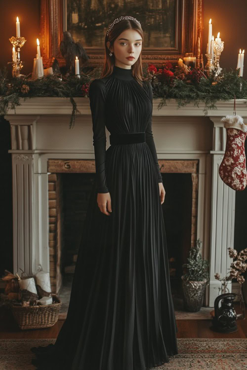 A woman wearing a long-sleeve black maxi dress with a high neckline and a pleated chiffon skirt, cinched at the waist with a velvet belt