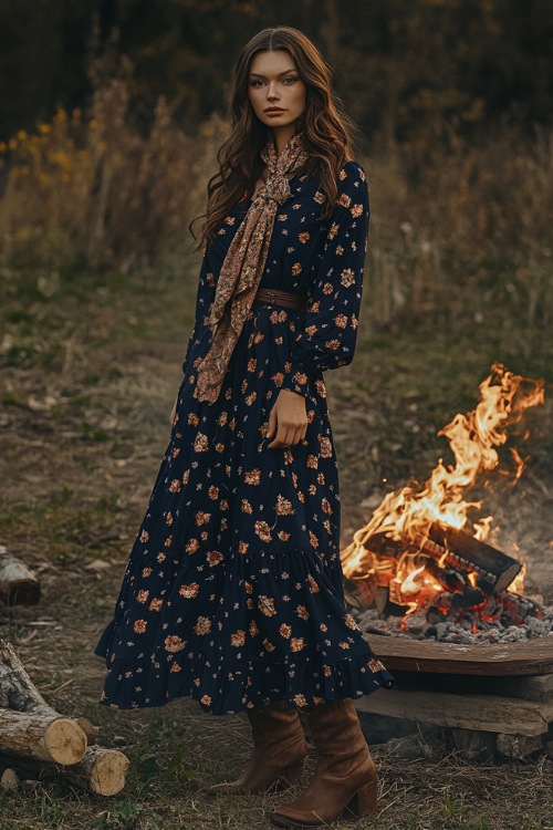 A woman wearing a midi floral dress in navy blue with long sleeves and a ruffled hem, paired with brown boots and a scarf, posing near a cozy fire pit (2)