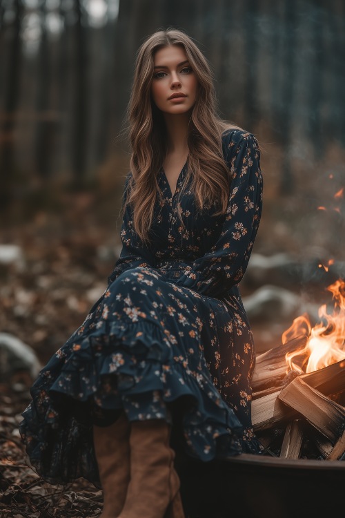 A woman wearing a midi floral dress in navy blue with long sleeves and a ruffled hem, paired with brown boots and a scarf, posing near a cozy fire pit