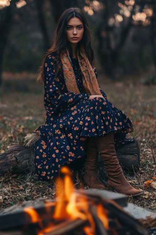 A woman wearing a midi floral dress in navy blue with long sleeves and a ruffled hem, paired with brown boots and a scarf