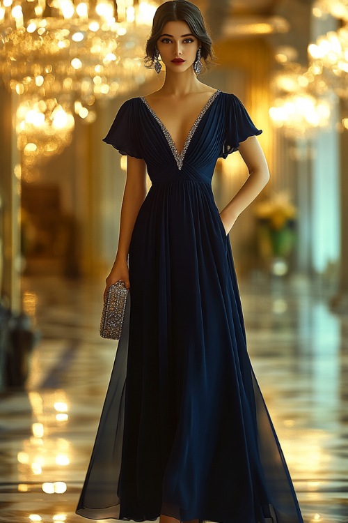 A woman wearing a navy blue empire-waist gown with flutter sleeves, an embellished V-neckline, and a flowing chiffon skirt